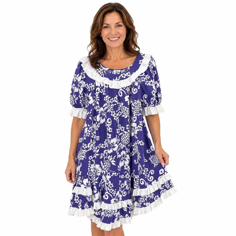 RM Hawaii XL Purple Floral Pineapple Muumuu Ruffle Midi Dress Made in USA